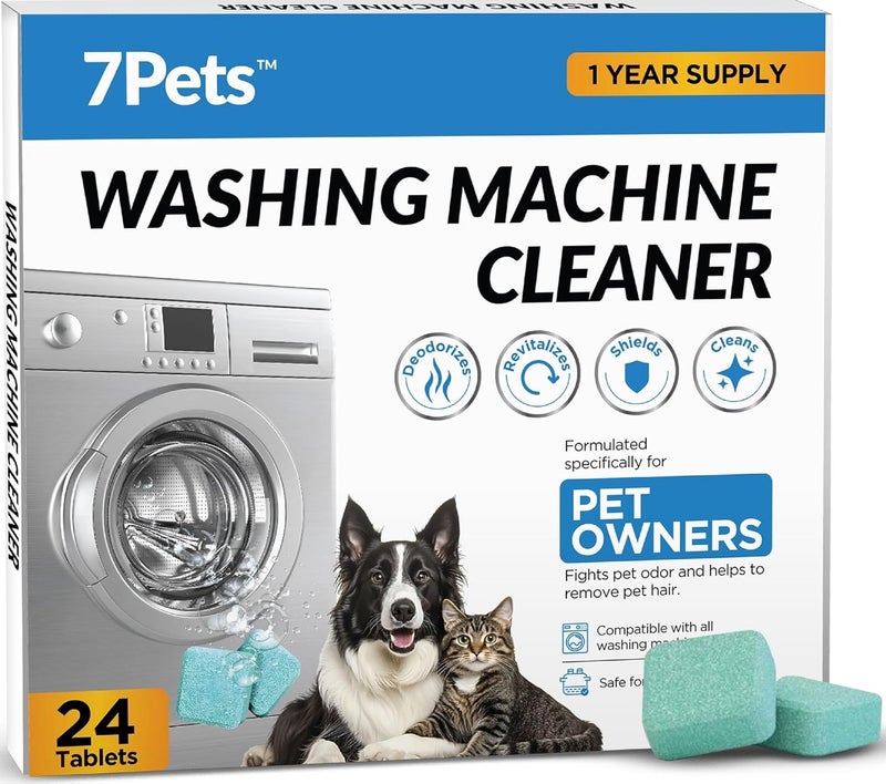 7pets Washing Machine Cleaner Tablets | 24 Count 1-Year Supply | Formulated for Pet Owners | Pet-Friendly Deep Descaler | HE, Top & Front Load | Septic Safe & Eco-Friendly | Eliminates Odor & Residue - Image 1